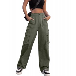 Women's high-waist work wide-leg casual 6-pocket military pants