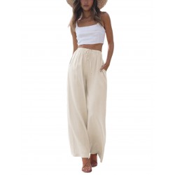 Women's linen-cotton summer wide-leg flowy beach pants with pockets