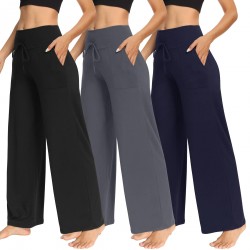3-pack women's wide-leg pants with pockets - casual loose yoga athletic lounge sleep pants