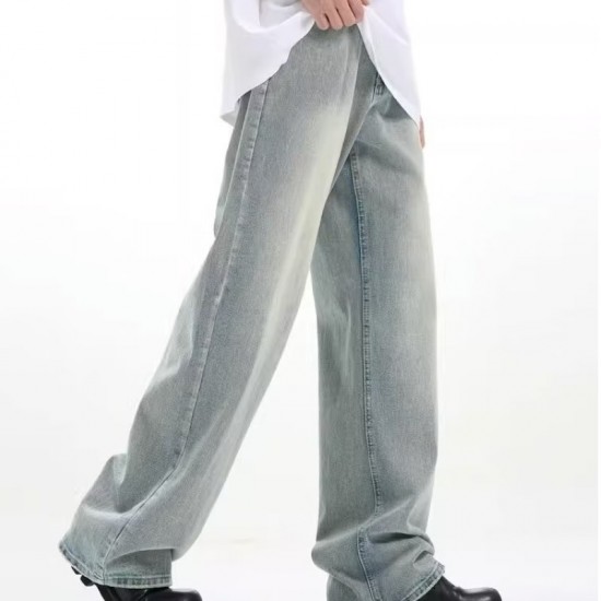 American retro washed drape straight-leg jeans streetwear loose light blue vintage pants American retro washed drape straight-leg jeans streetwear loose light blue vintage pants