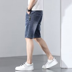 High-end trendy men's denim shorts summer loose straight-leg stretchy casual thin 5-inch mid-length pants
