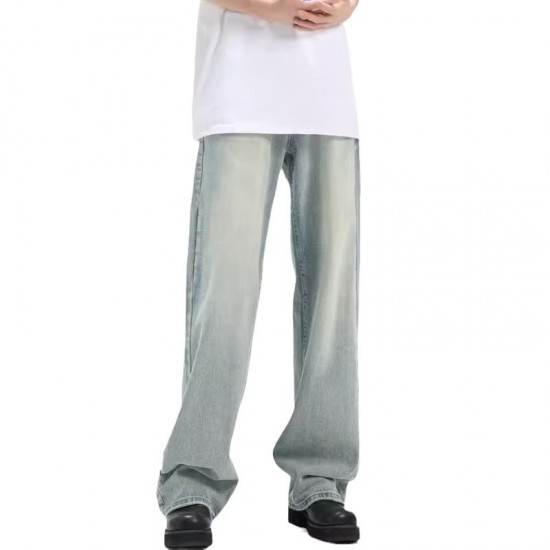 American retro washed drape straight-leg jeans streetwear loose light blue vintage pants American retro washed drape straight-leg jeans streetwear loose light blue vintage pants
